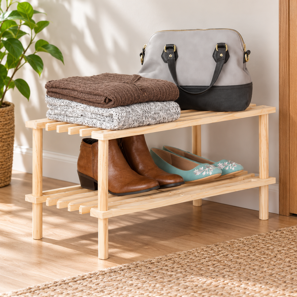 2-Tier Natural Wood Shoe Rack