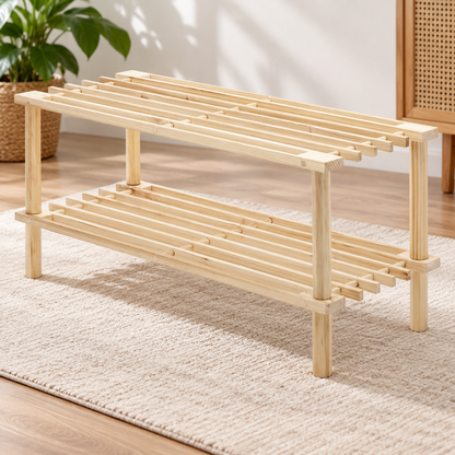 2-Tier Natural Wood Shoe Rack